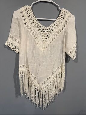 Vivid Crochet Fringe V-Neck Top
